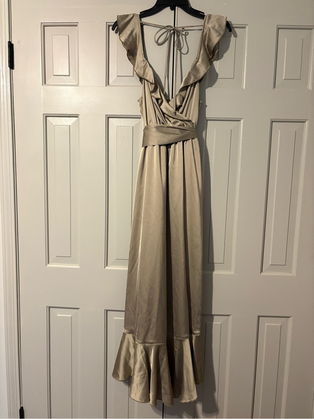 Show Me Your MuMu Large Moss Green Satin Ruffle Wrap Midi Dress - Picture 2 of 4